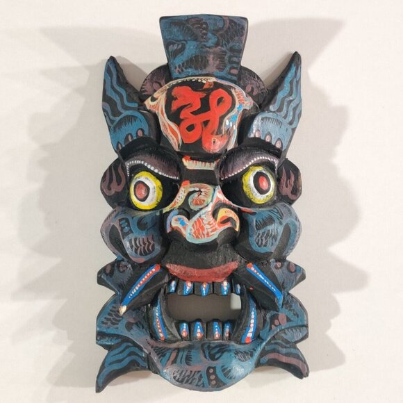 Chinese / Tibetan Vtg Dragon Wizard Hand Carved Wood & Painted Prayer Mask Decor - Picture 2 of 14